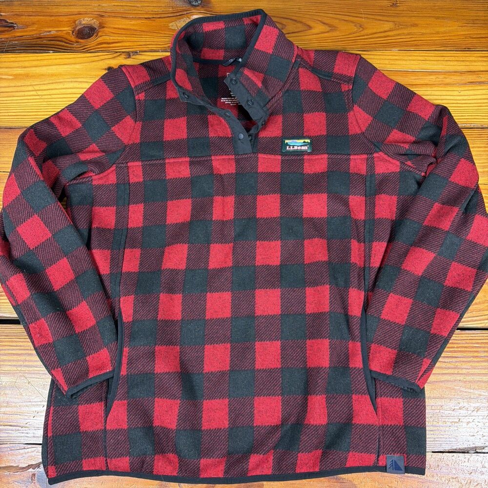 LL Bean Womens XL Red Black Buffalo Plaid Sweater Fleece Snap Pullover Nice!